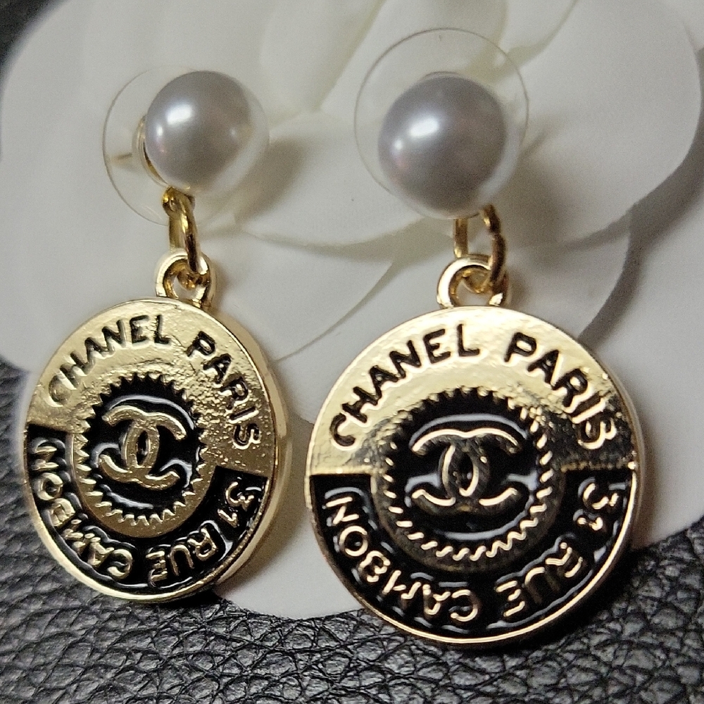 Custom-made CC charm Gold-Tone Medallion Drop Earrings with White Pearls